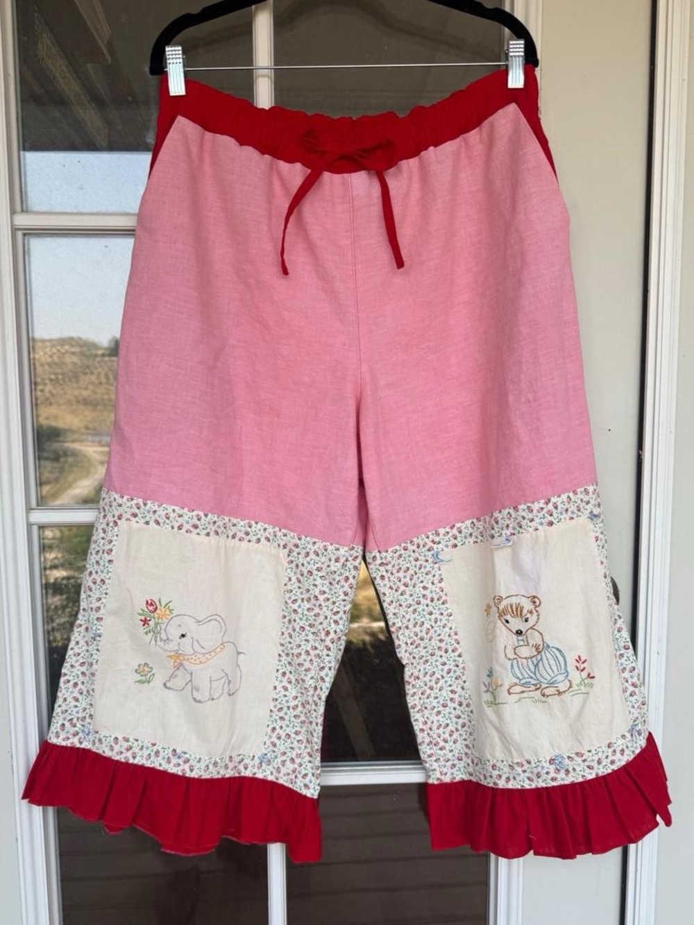 Patchwork Ruffle Pants with Upcycled Children’s Embroidered Quilt M-XXL